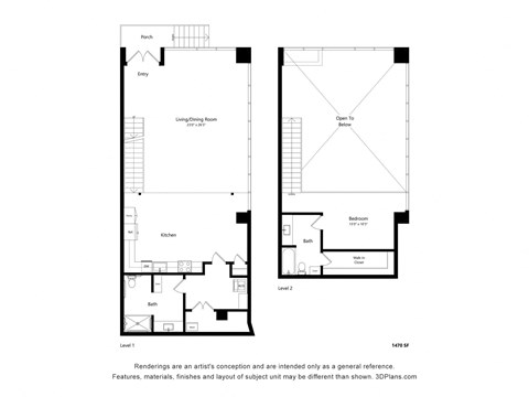 Floor plan for 1 bed, 1 bath, 1470 sqft